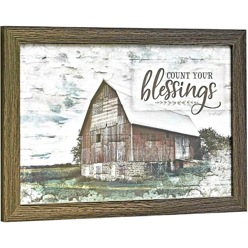 Count Your Blessings Framed Wall Art USA Flag Barn Americana Country Farm Gift